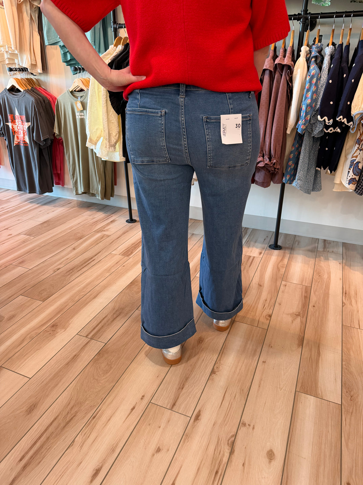 High Rise Stretchy Cuffed Wide Leg Jeans