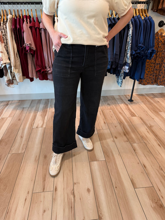 Black Stretchy Cuffed Wide Leg Jeans