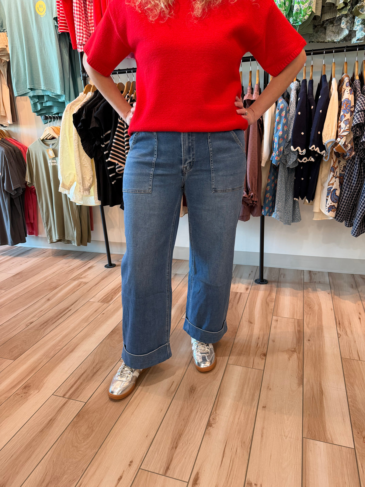 High Rise Stretchy Cuffed Wide Leg Jeans