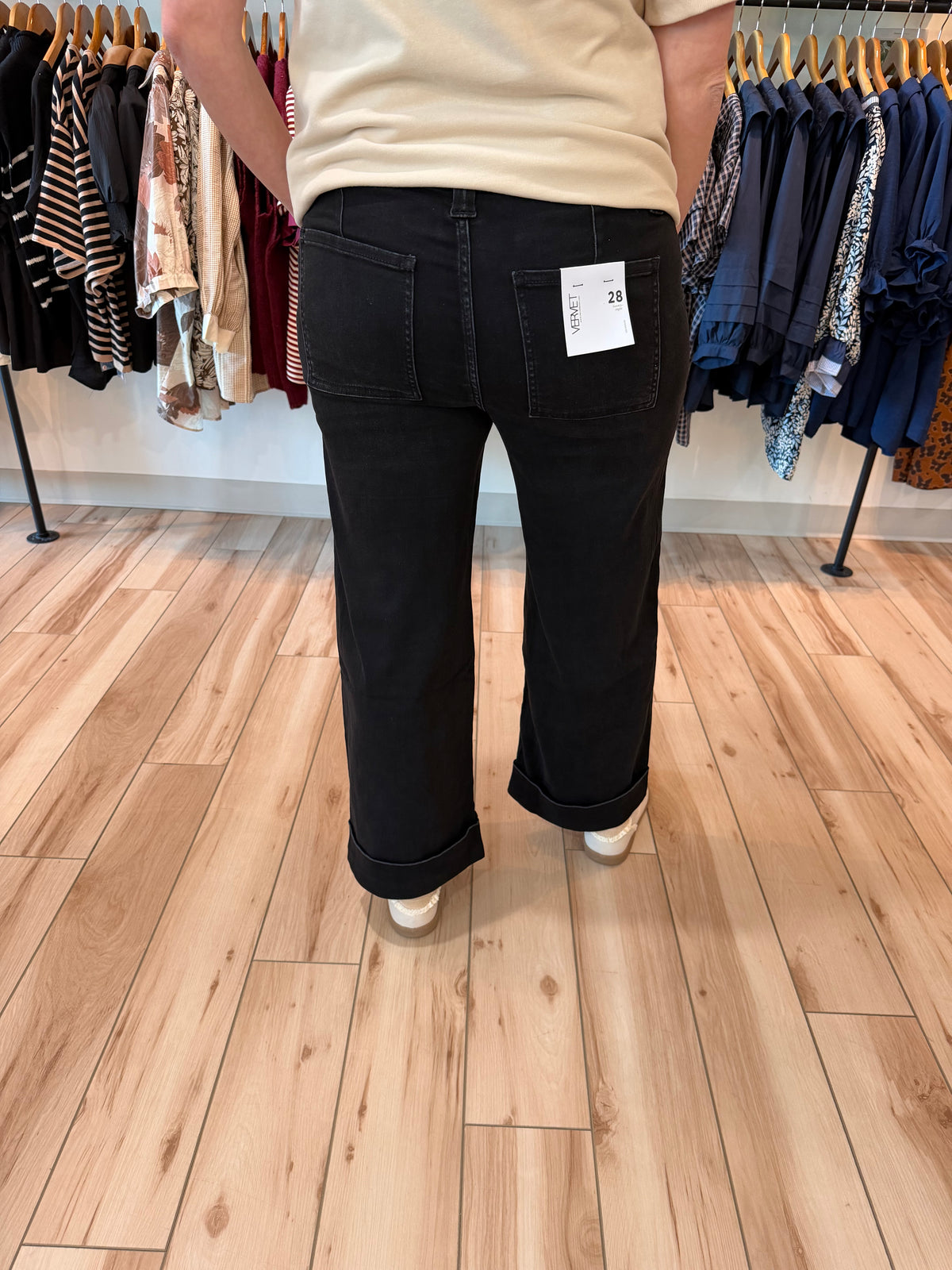 Black Stretchy Cuffed Wide Leg Jeans