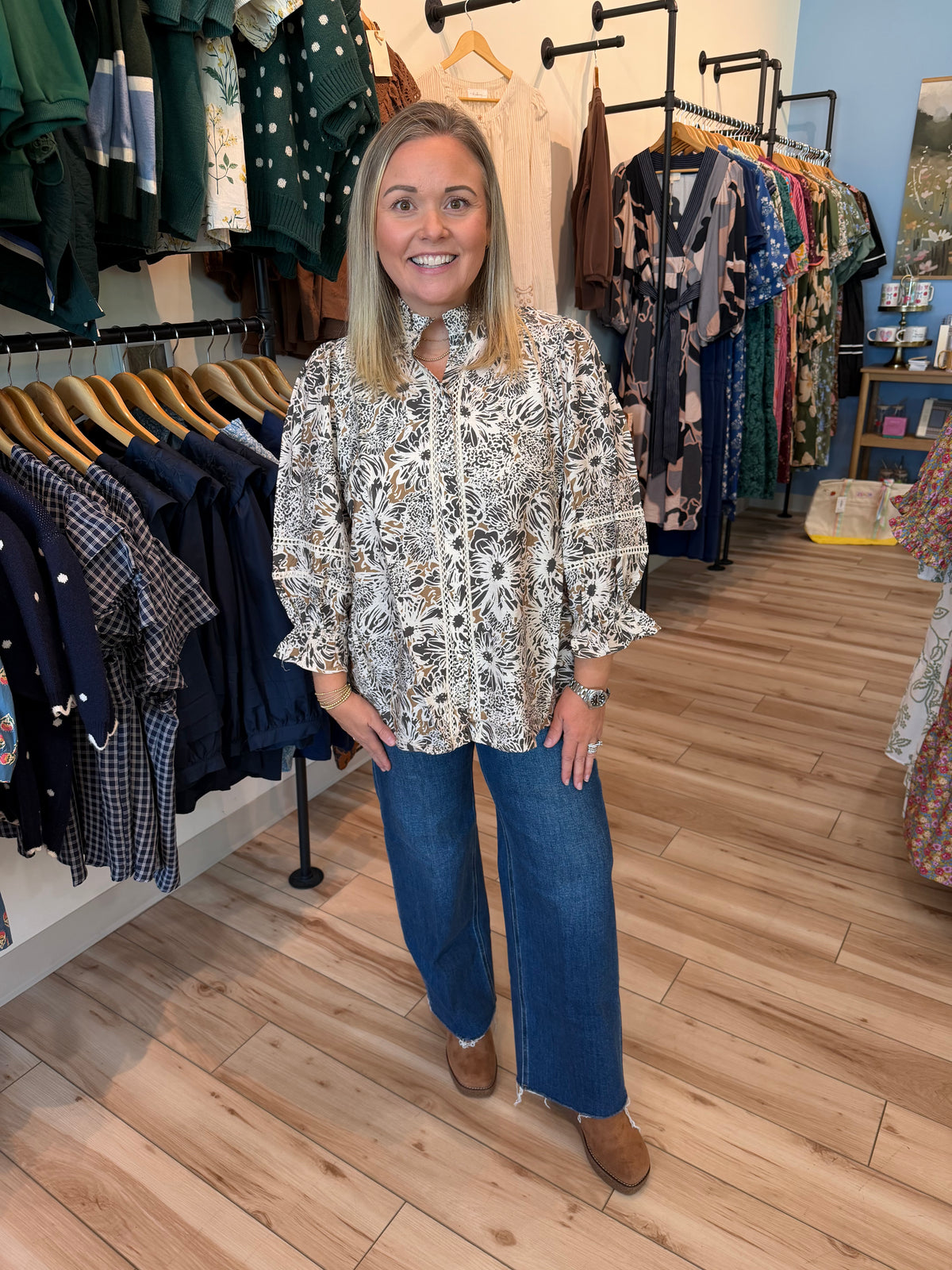 Taupe Floral Print Lace Trimmed Top