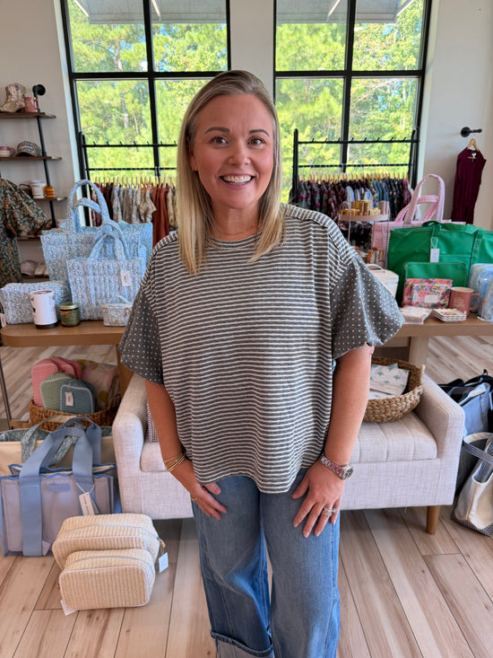 Heather Grey Striped Puff Sleeve Top