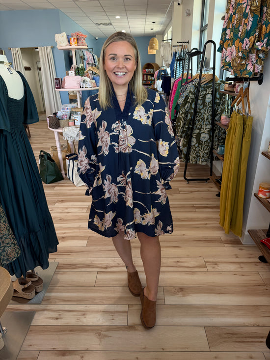 Navy V-Neck Shift Dress