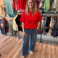High Rise Stretchy Cuffed Wide Leg Jeans