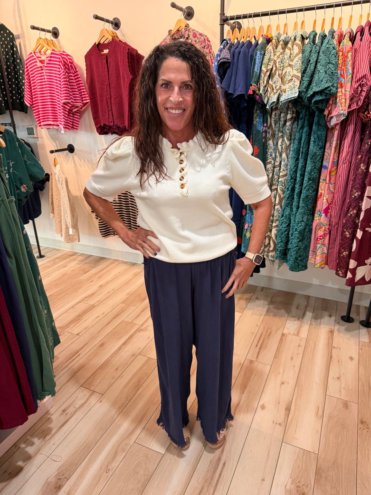 Navy Frayed Linen Pants