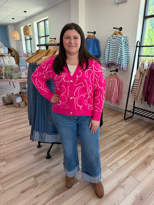 Hot Pink Cardigan w/ Flower Detail