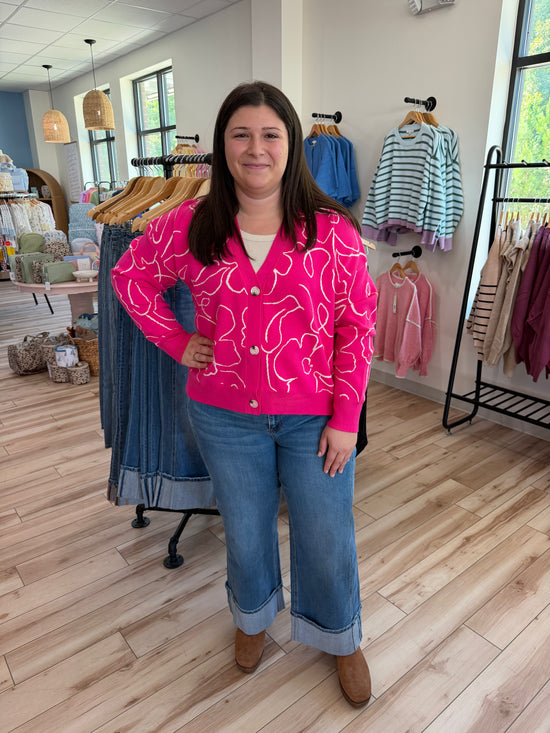 Hot Pink Cardigan w/ Flower Detail