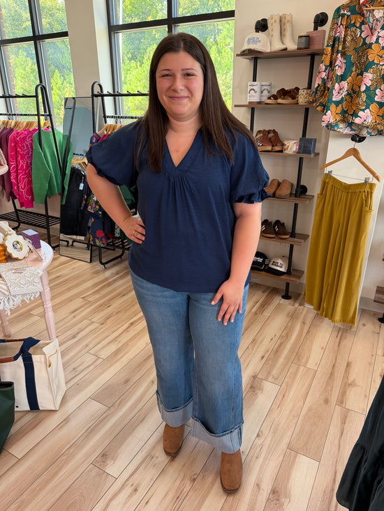Navy Collared V-Neck Top