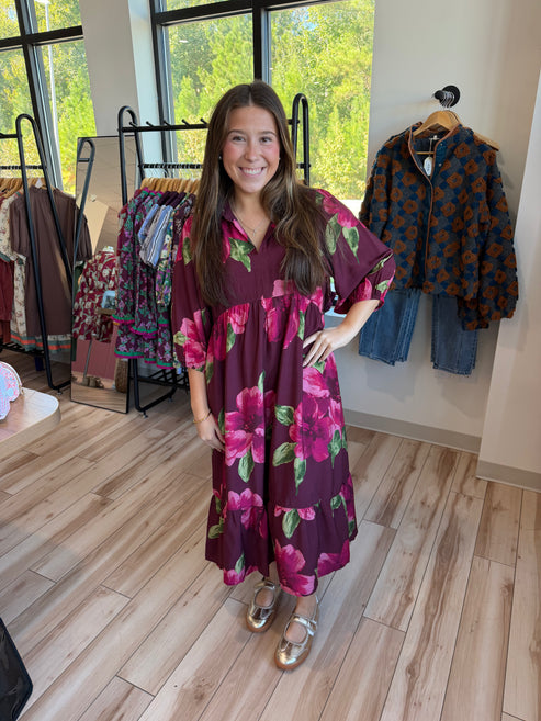 Burgundy Floral Midi Dress