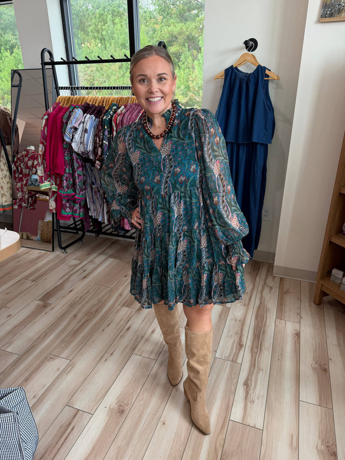 Teal Floral Chiffon Dress